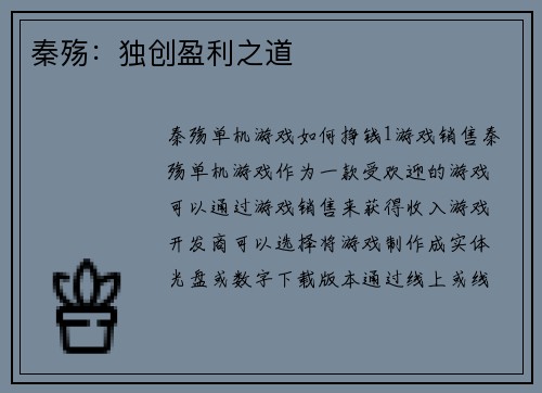 秦殇：独创盈利之道
